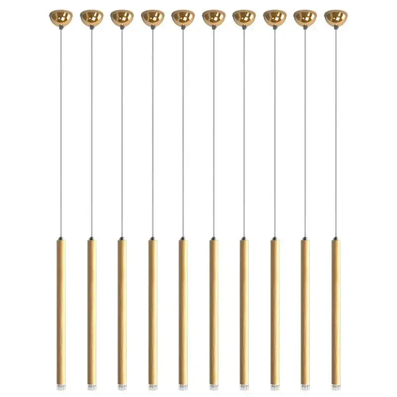 Set of ten modern minimalist pendant lights with gold-finished tops and bamboo shades for decorbites golden tube chandelier
