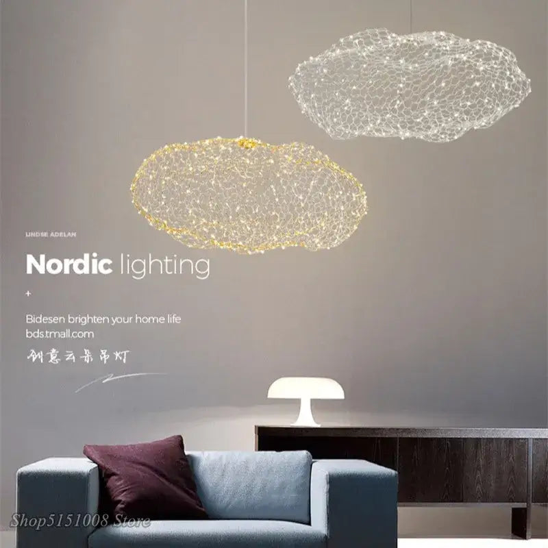 Two decorbites cloud pendant lights in gold and silver wire mesh with embedded led bulbs for modern bedroom decor