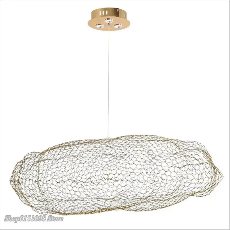 Modern golden wire mesh decorbites cloud pendant light with circular ceiling mount and three embedded bulbs for bedroom