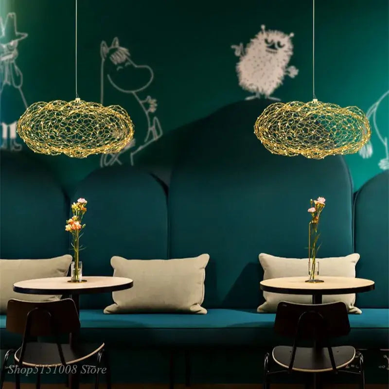 Modern golden wire mesh decorbites cloud pendant light with multiple golden pendant lights hanging from ceiling