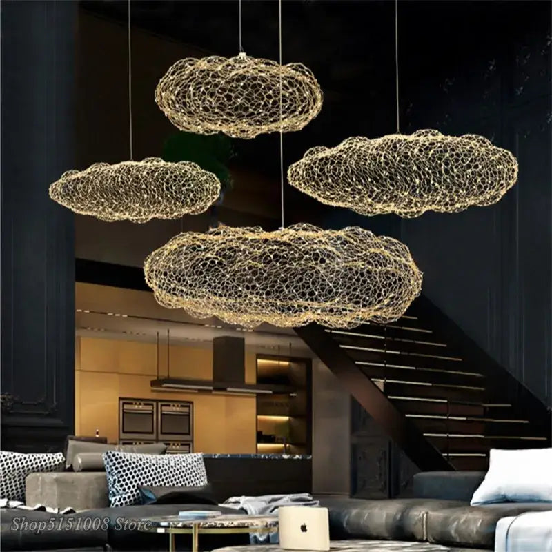 Modern golden wire mesh decorbites cloud pendant light hanging from ceiling for bedroom lighting decorbites cloud pendant