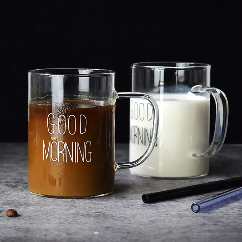 Clear glass mug with handle featuring white good morning lettering from decorbites good morning glass collection