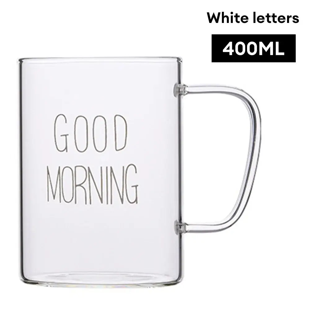 Clear glass mug with handle featuring good morning glass white lettering for decorbites good morning kitchen use