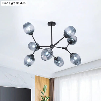 DecorBites modern chandelier with black metal frame and frosted gray glass globes for living room lighting