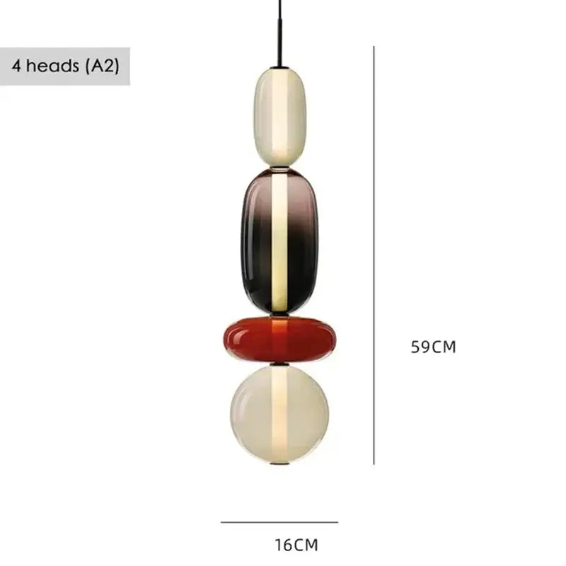 Modern glass pendant light with four stacked oval bulbs in cream dark brown red and off-white for dining room use