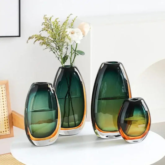 Set of four decorbites gradient glass vases with green to amber hues and clear bases for modern living room decor