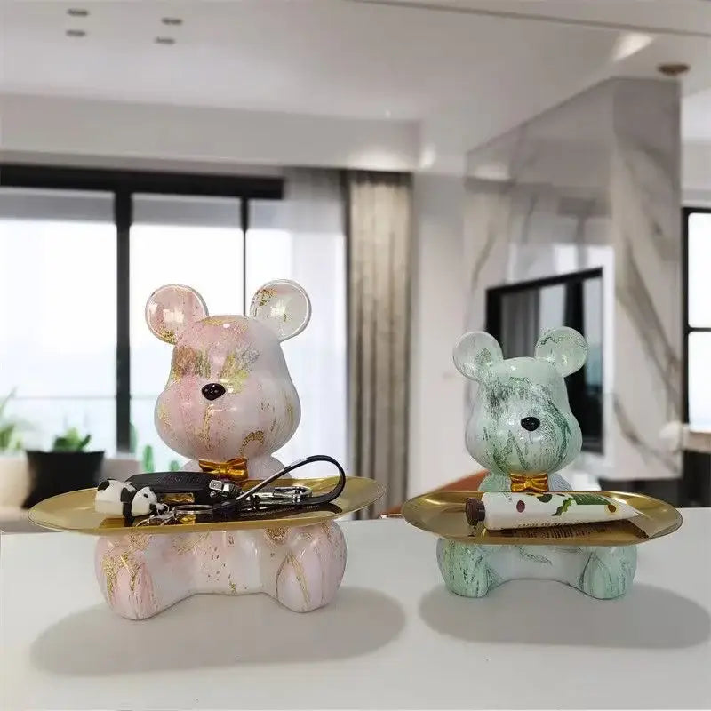 Modern graffiti bear figurine ceramic pink and mint green decorbites graffiti bear with gold leaf trays for key storage