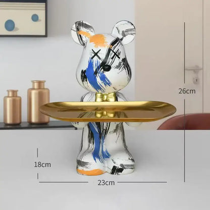 Modern graffiti bear figurine white bear figurine with black blue orange brushstrokes holding gold tray for living room decor