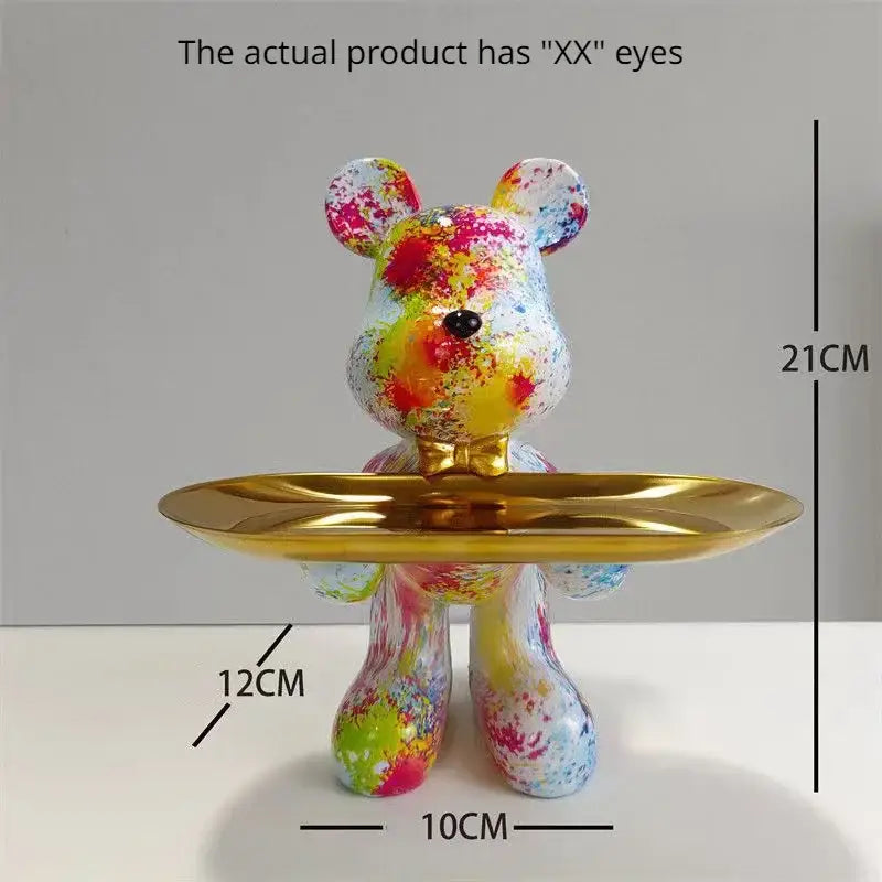 Modern graffiti bear statue ornament in colorful splatter paint holding a gold tray for home decor display