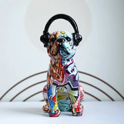 A vibrant graffiti-style ceramic bulldog sculpture wearing black headphones for modern living room decor