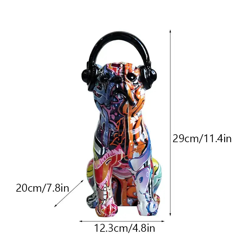 A vibrant graffiti-style ceramic colorful bulldog sculpture seated wearing black headphones for living room decor
