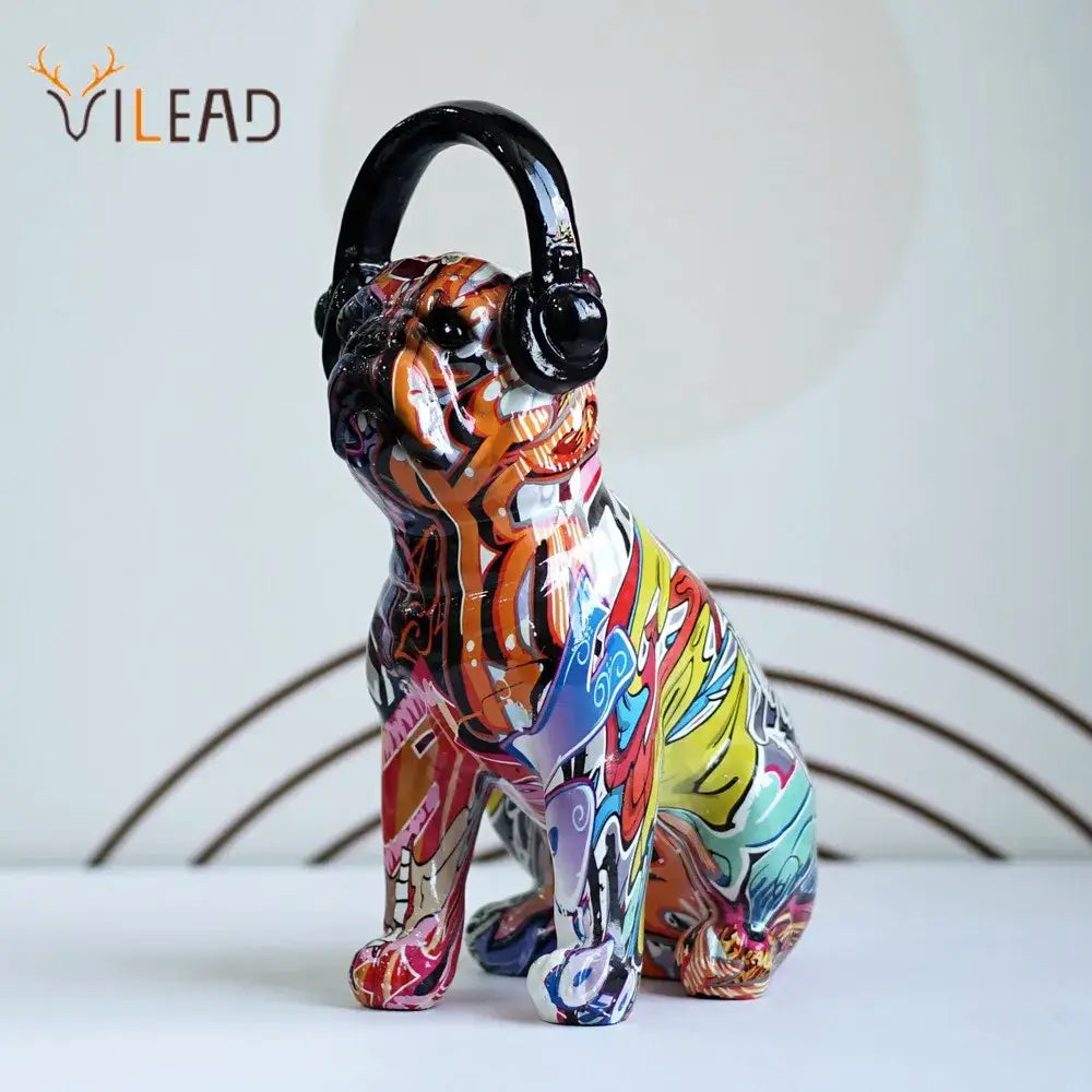 Vilead ceramic colorful bulldog sculpture with vibrant graffiti paint and black headphones for modern decorbites decor
