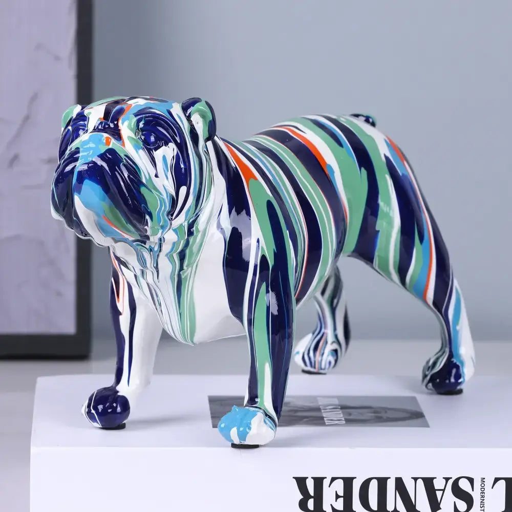 A vibrant glossy ceramic decorbites bulldog figurine with blue green white and orange stripes for living room decor