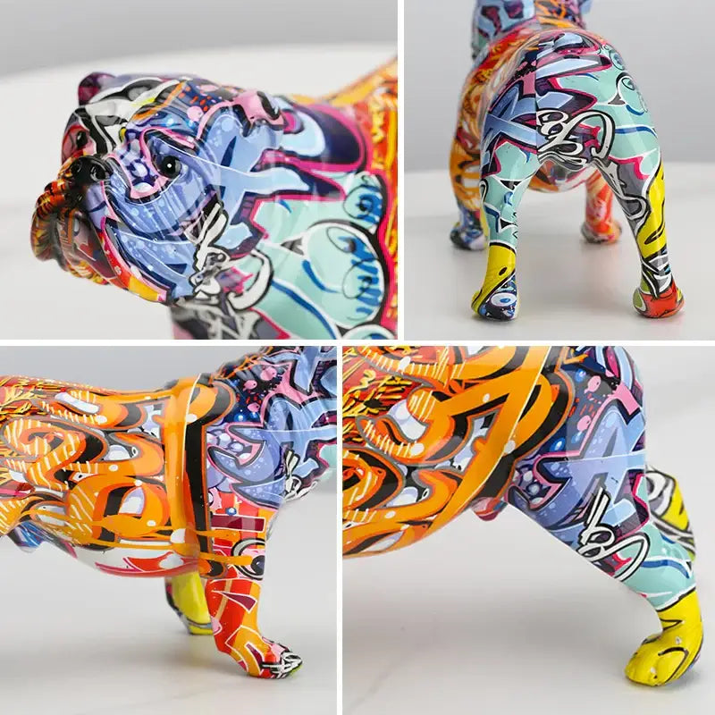 A vibrant multicolored glossy decorbites bulldog figurine with bold graffiti art for modern living room decor