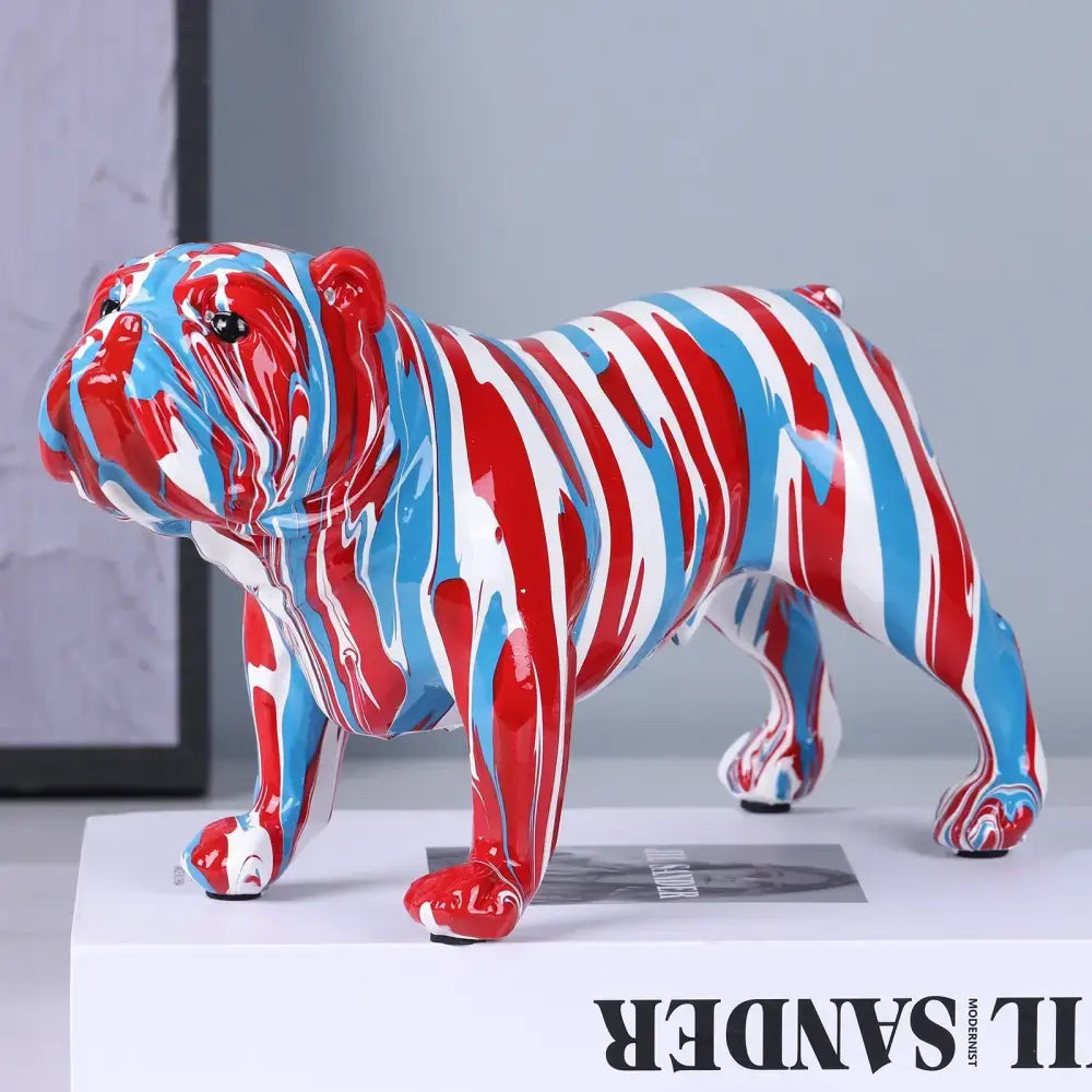 A glossy abstractly painted decorbites bulldog figurine with flowing red white and blue stripes for modern living room decor