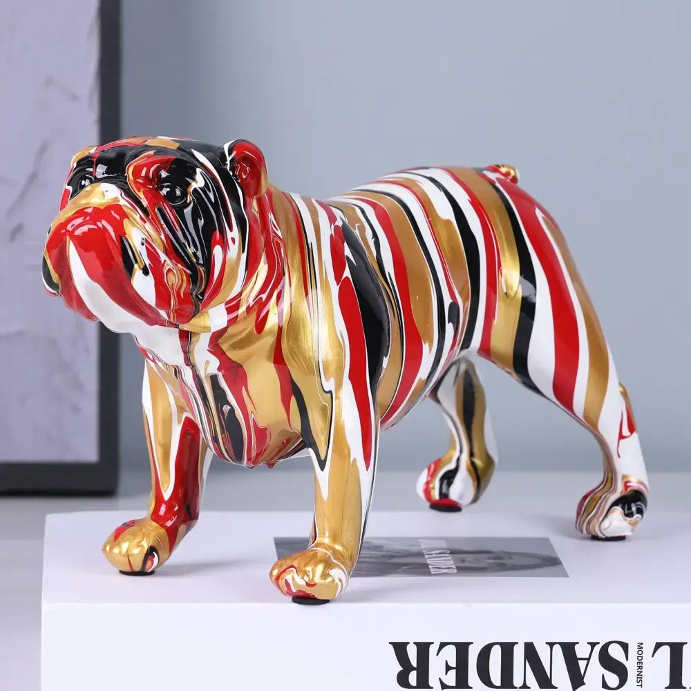 Glossy abstractly painted decorbites bulldog figurines with bold red gold black and white stripes for living room decor
