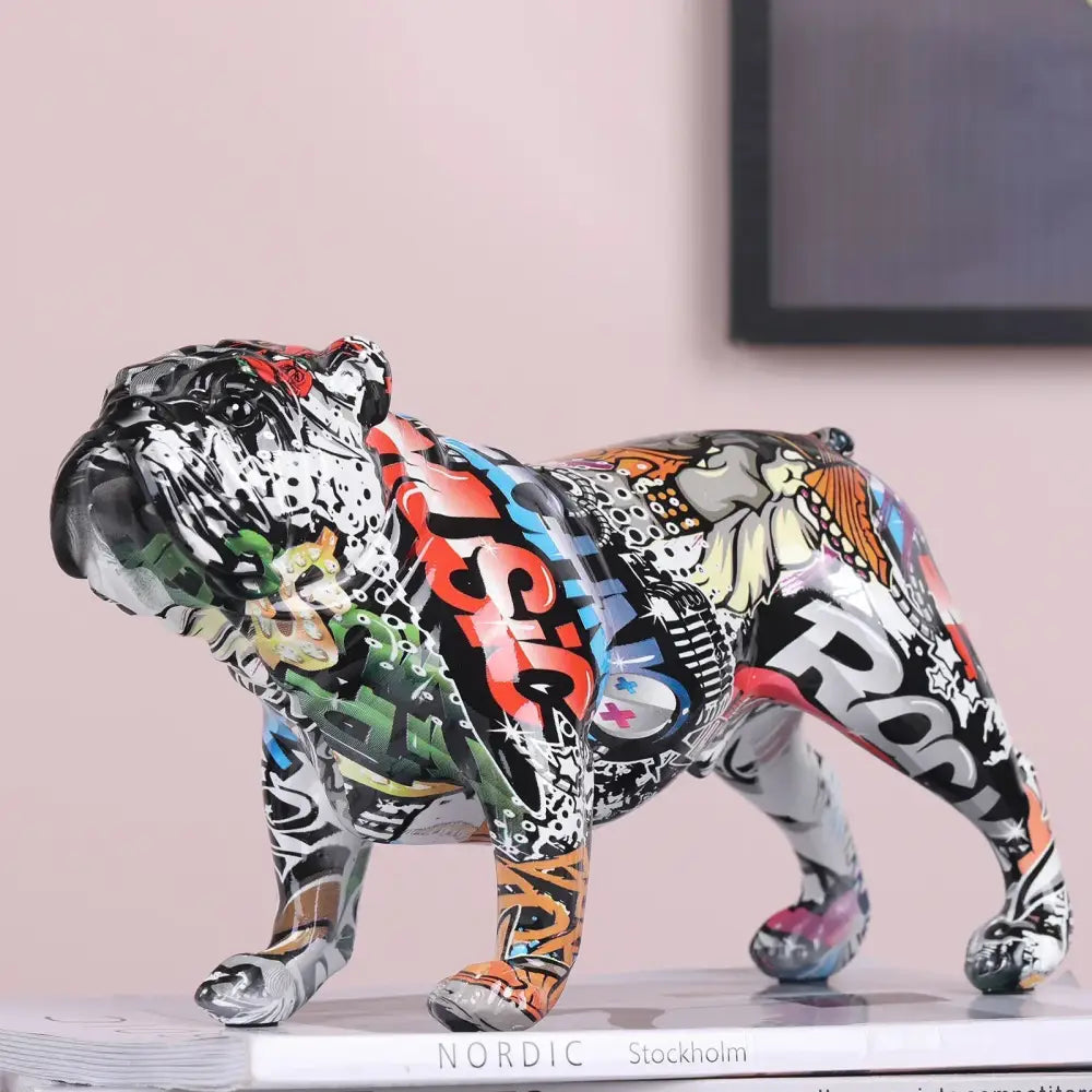 Vibrant decorbites bulldog figurines with bold black white red blue and green graffiti patterns for living room art ornament