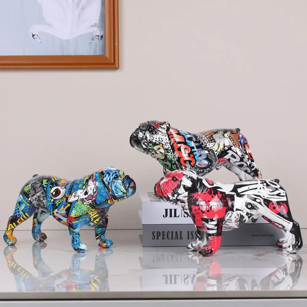 Three vibrant graffiti-style decorbites bulldog figurines with bold colors for modern living room decor