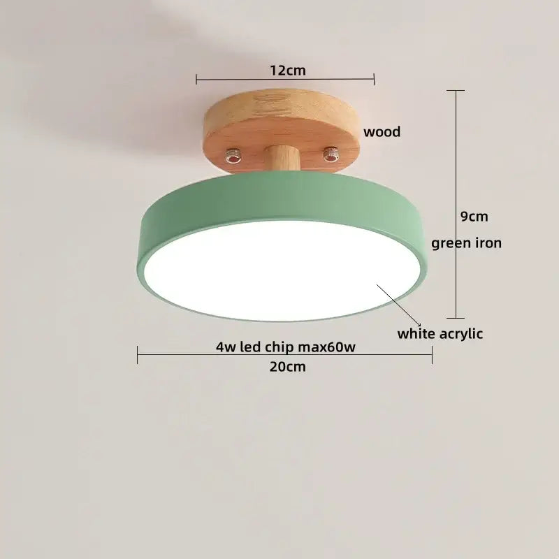 Modern gray acrylic wood led ceiling light with natural wood base green iron frame and white acrylic diffuser for bedroom decorbites ceiling light