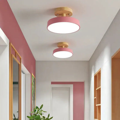Modern gray acrylic wood led ceiling light with pink circular acrylic shade and wooden base for bedroom decorbites acrylic wood