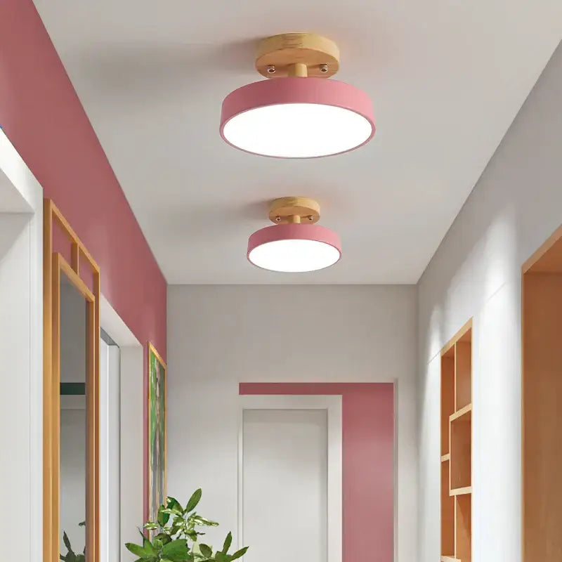 Modern gray acrylic wood led ceiling light with pink circular acrylic shade and wooden base for bedroom decorbites acrylic wood