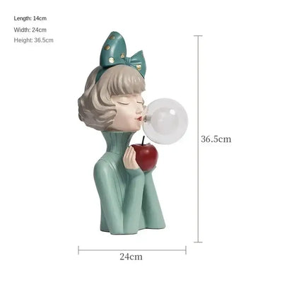 Teal resin bubble girl statue ornament with blonde hair blowing bubble holding red apple for bedroom decorbites decorbites bubble girl