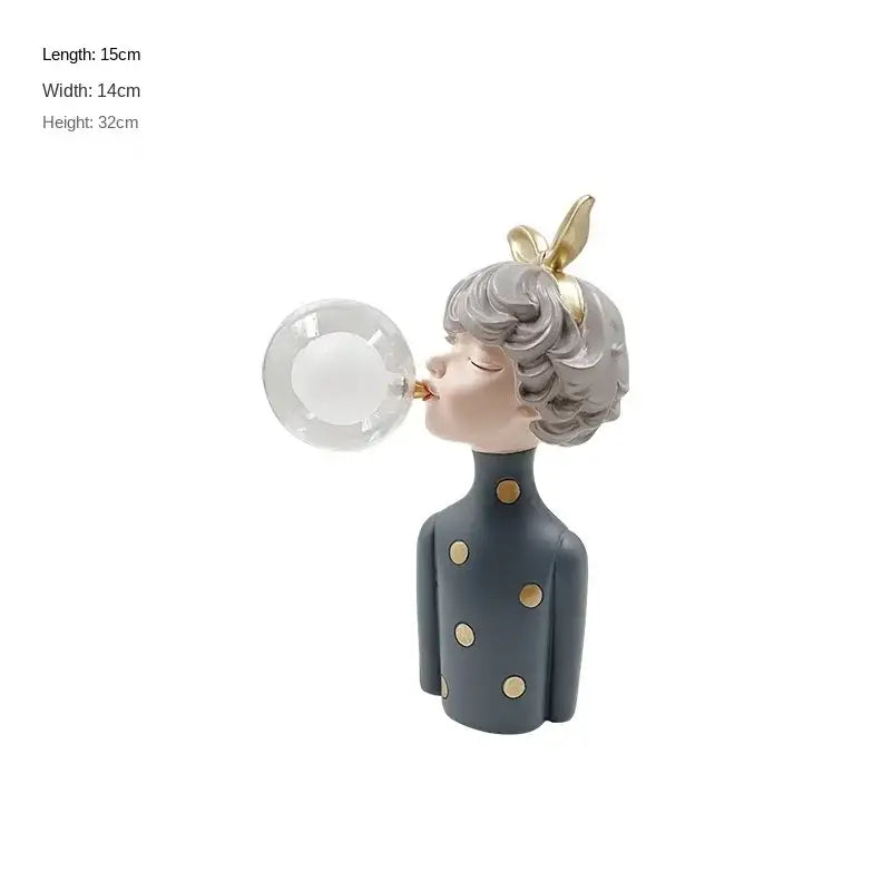 Modern gray and gold bubble girl statue resin figurine with curly hair blowing clear bubble for bedroom decorbites decor
