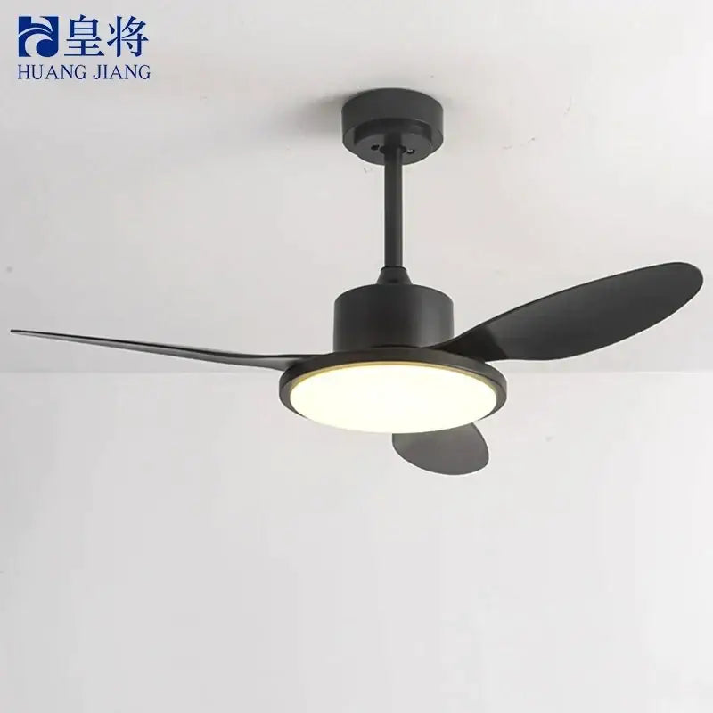 Black modern design ceiling fan with integrated led circular light fixture for bedroom use