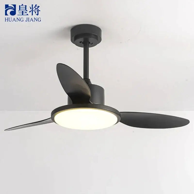 Modern gray and light wood led modern design ceiling fan with black matte finish and integrated circular light fixture