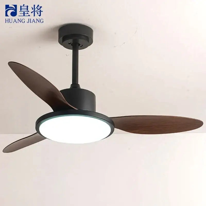 Black and wood-toned ceiling fan with integrated circular led light in modern design for bedroom use