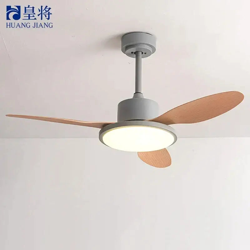Modern gray and light wood ceiling fan with integrated circular led modern design light fixture for bedroom use