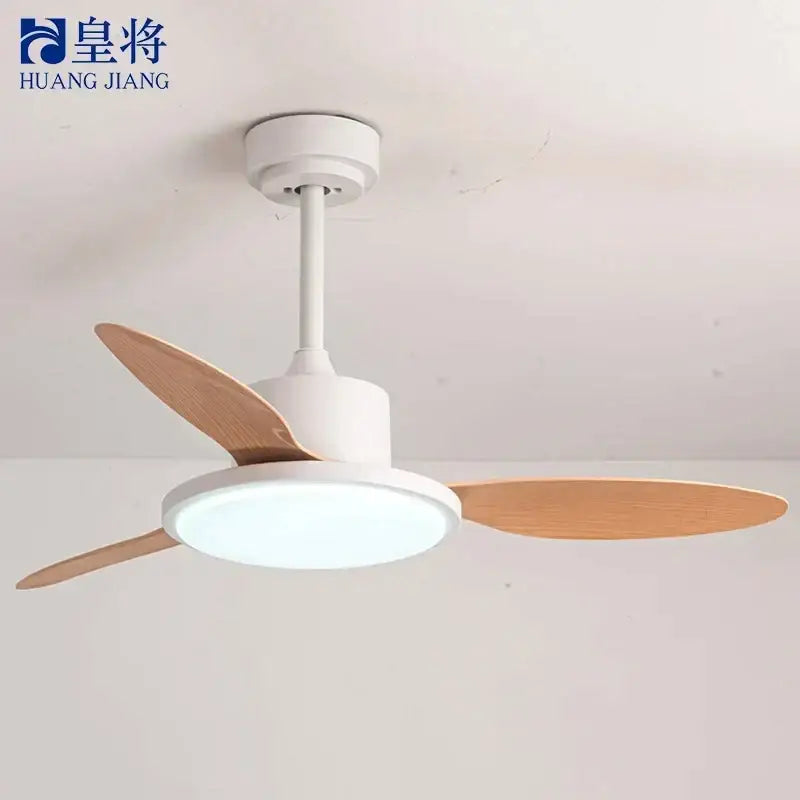 Modern gray and light wood ceiling fan with white blades and integrated led modern design lighting for bedroom use