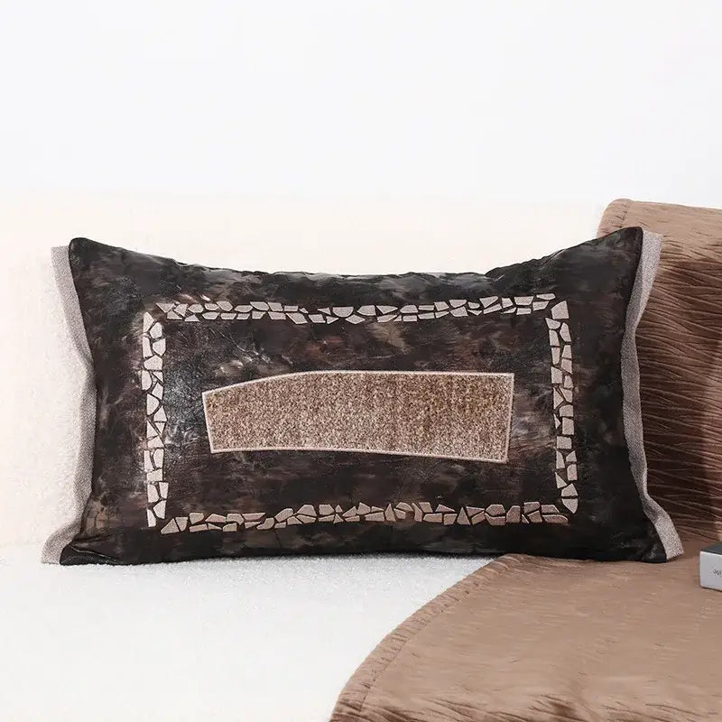 Dark brown velvet cushion cover with mosaic border and textured panel for modern gray and white leaf decorbites black white sofa