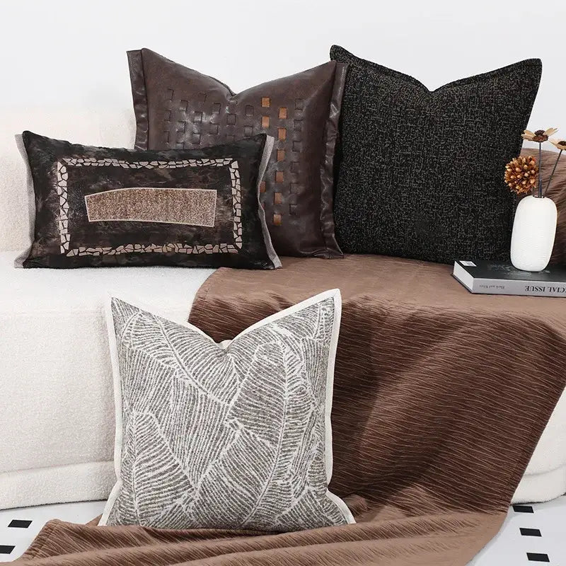 Modern gray and white leaf cushion cover with cream trim for black white sofa decorbites black white decor