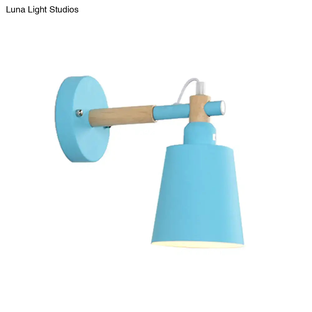 Modern gray and wood wall sconce light with light blue metal conical shade for bedroom sconce lighting