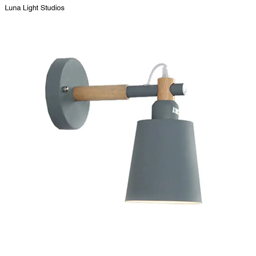 Modern gray and wood wall sconce light with cylindrical shade metal lamp for bedroom sconce light installation