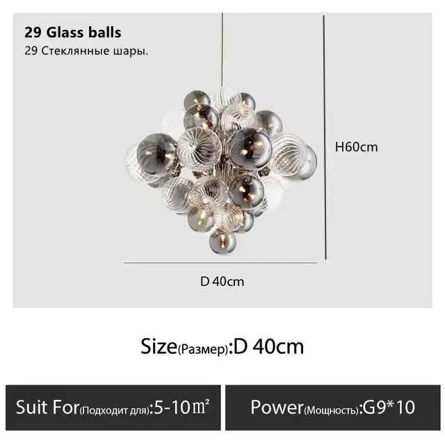 Modern gray and clear bubble glass ceiling chandelier with 29 glass balls in varying sizes for living room decorbites bubble glass