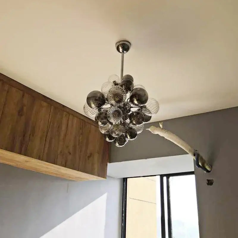 Modern gray and clear bubble glass ceiling chandelier with decorbites bubble glass orbs for living room decor