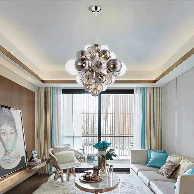 Modern gray and clear bubble glass ceiling chandelier with metallic accents for living room decorbites bubble glass design