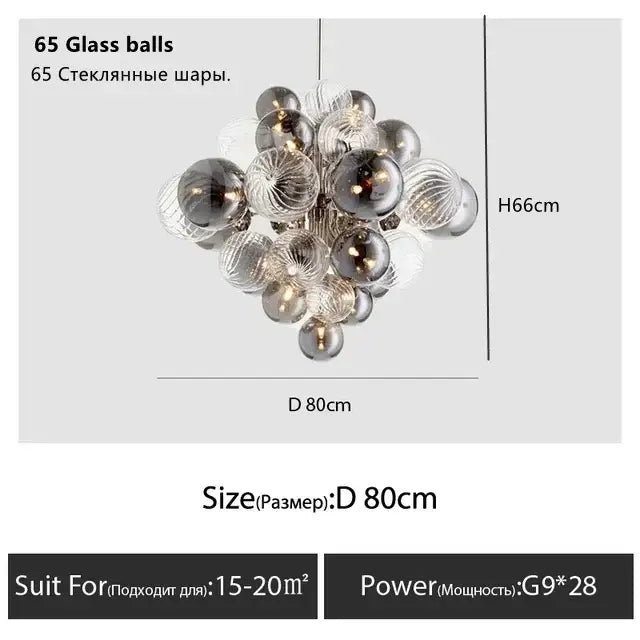 Modern gray and clear bubble glass ceiling chandelier with 65 glass balls featuring swirl patterns decorbites bubble glass