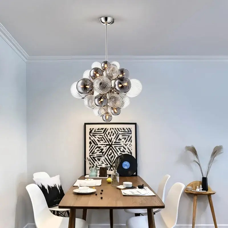 Modern gray and clear bubble glass ceiling chandelier with cluster of frosted and clear spheres for living room decorbites bubble glass