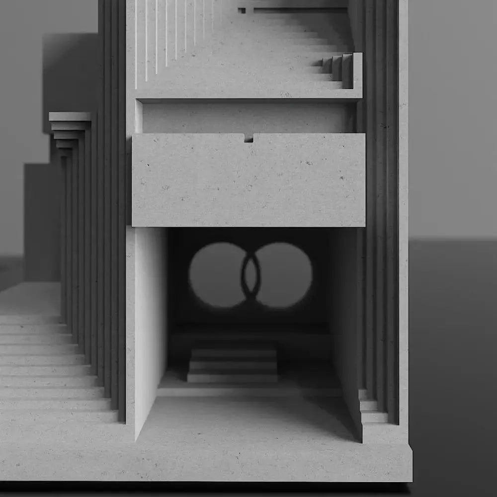 Modern gray concrete brian family cemetery model featuring minimalist staircase and recessed circular elements for decor