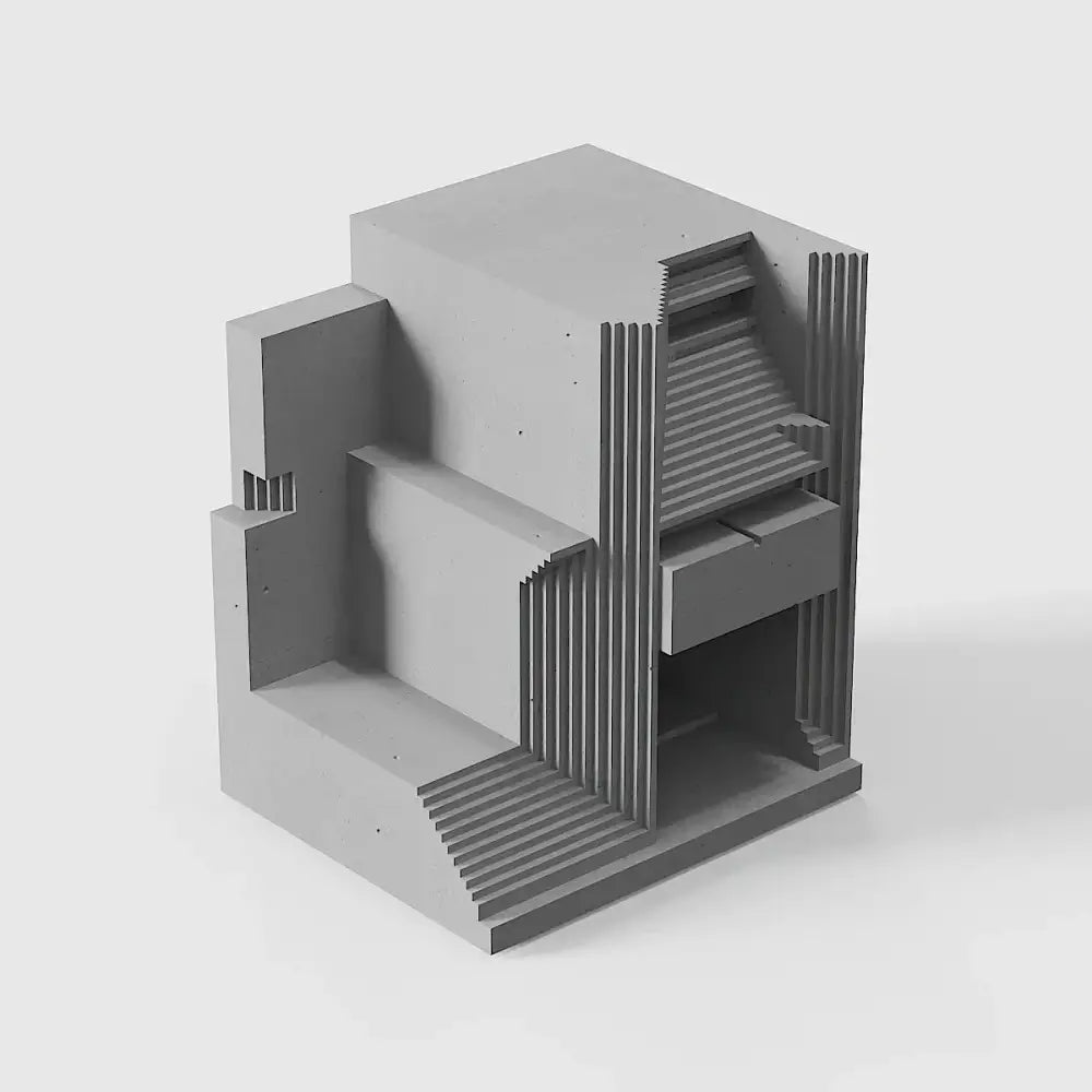 Modern gray concrete brian family cemetery model with stepped ribbed geometric forms for living room decor