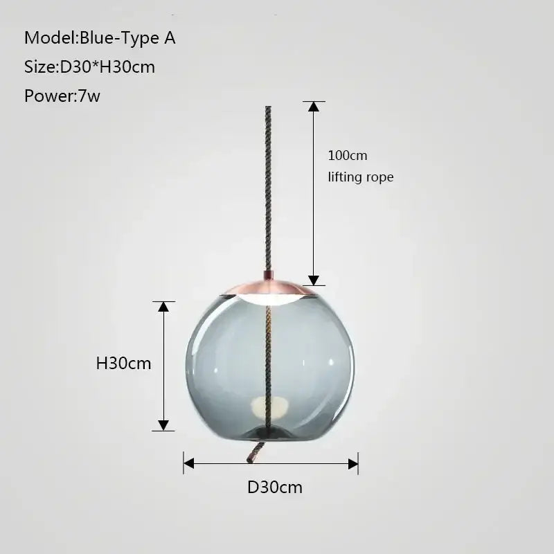 Modern gray glass chandelier knot pendant lamp with blue translucent glass globe and copper metal top for dining room