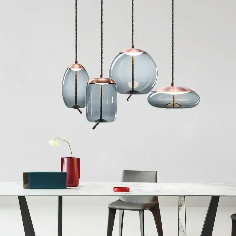 Modern gray glass chandelier knot pendant lamp with frosted gray shades and copper accents for dining room lighting
