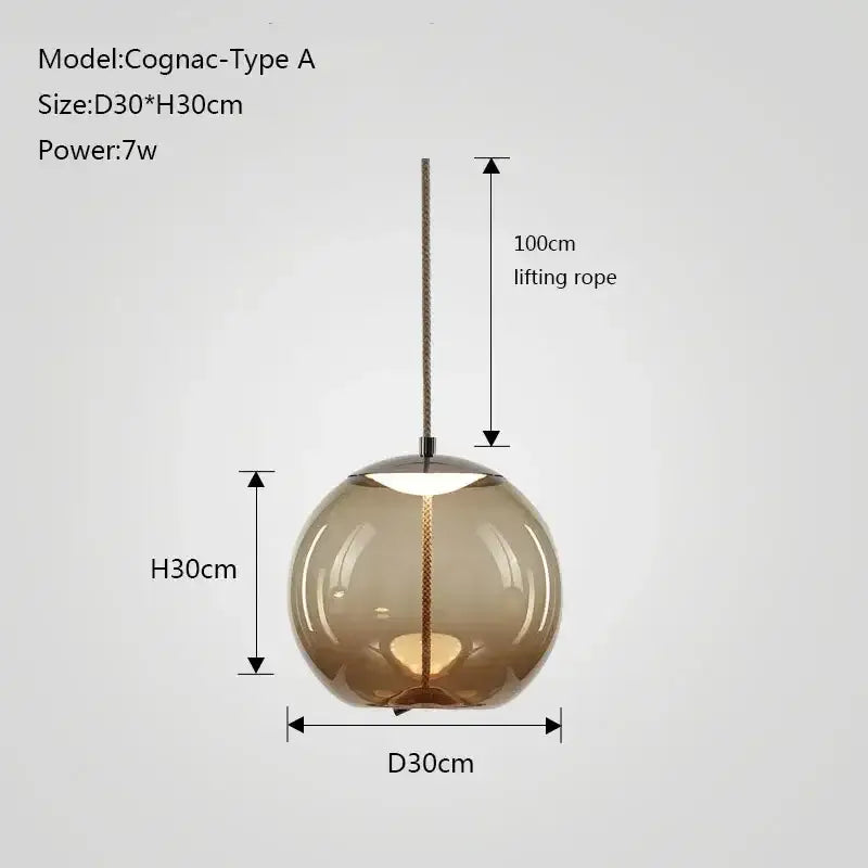 A sleek spherical amber glass chandelier knot pendant with 30cm diameter and 100cm lifting rope for dining room