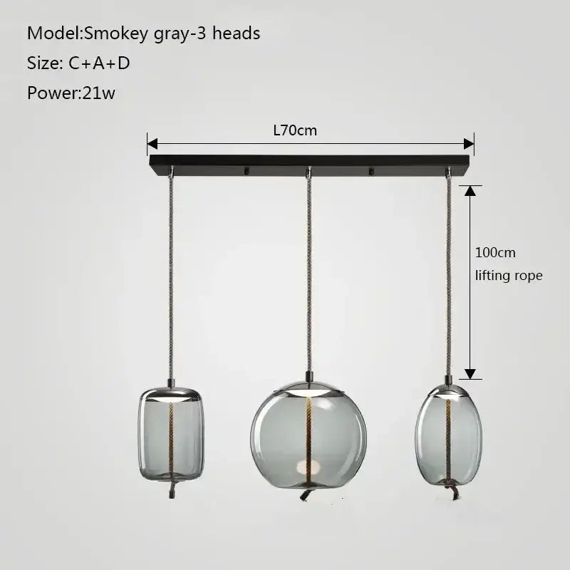Modern gray glass chandelier knot pendant with smokey glass shades and braided cords for dining room lighting