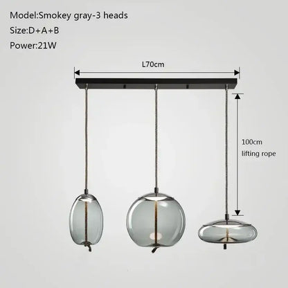 Modern gray glass chandelier knot pendant with smokey gray three-head lights and black ceiling mount for dining room