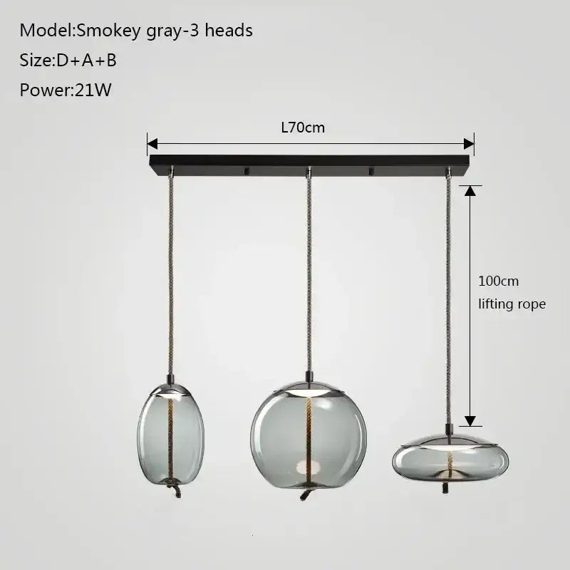 Modern gray glass chandelier knot pendant with smokey gray three-head lights and black ceiling mount for dining room