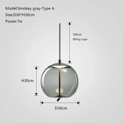 Modern gray glass chandelier knot pendant lamp with smokey spherical glass and textured rope suspension for dining room